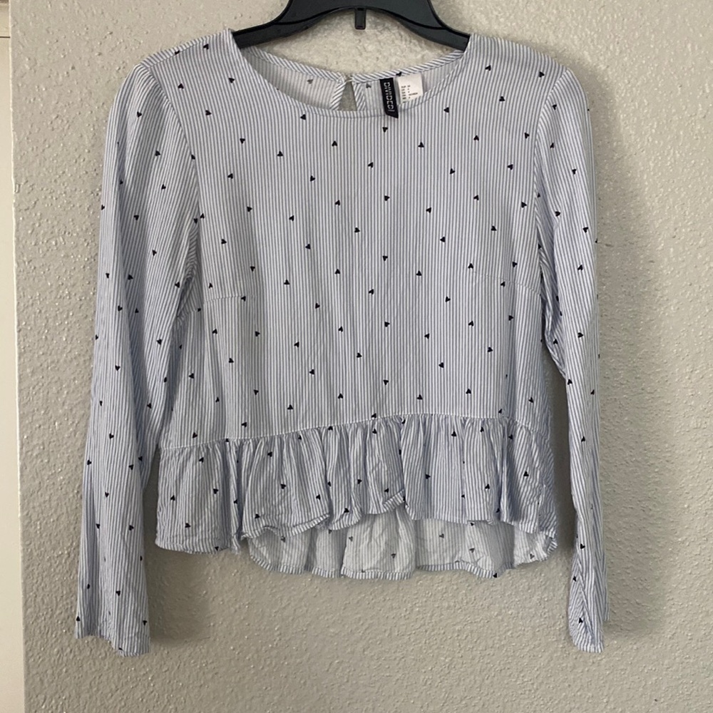 Long Sleeve Blue Blouse with Mini Hearts